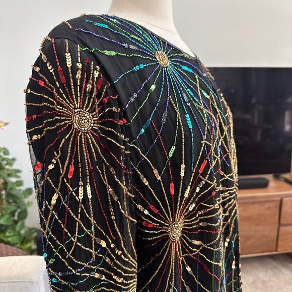 Vintage Laurence Kazar Silk Beaded Cardigan 2X Firework Colorful Evening NEW - Picture 7 of 16